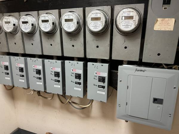Multi-unit building meter room with labeled sub panels