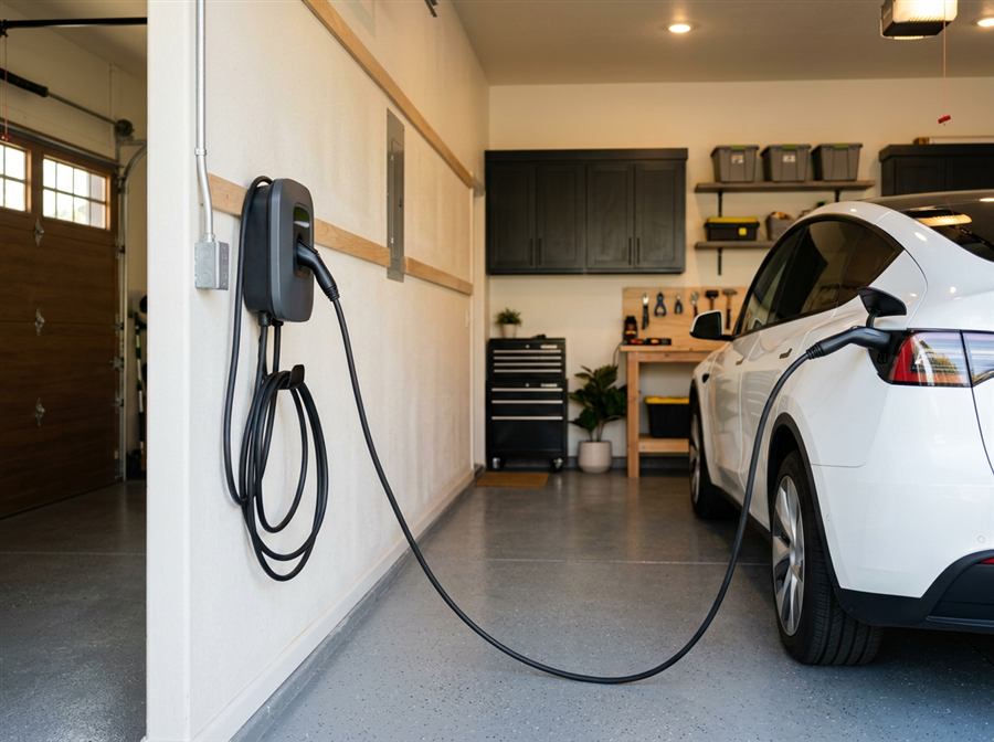 Level 2 EV charger installed in a home garage