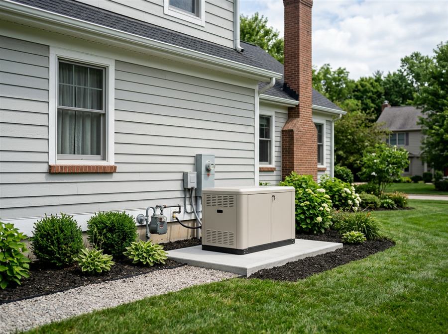 Standby backup generator installed outside a home