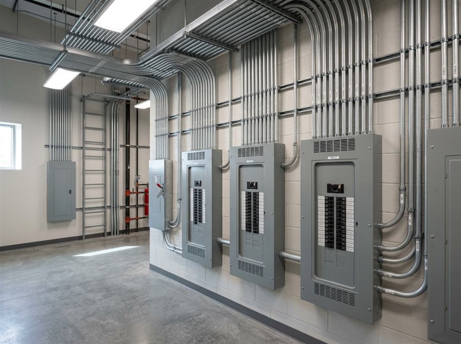 Industrial electrical panel room with organized conduit runs