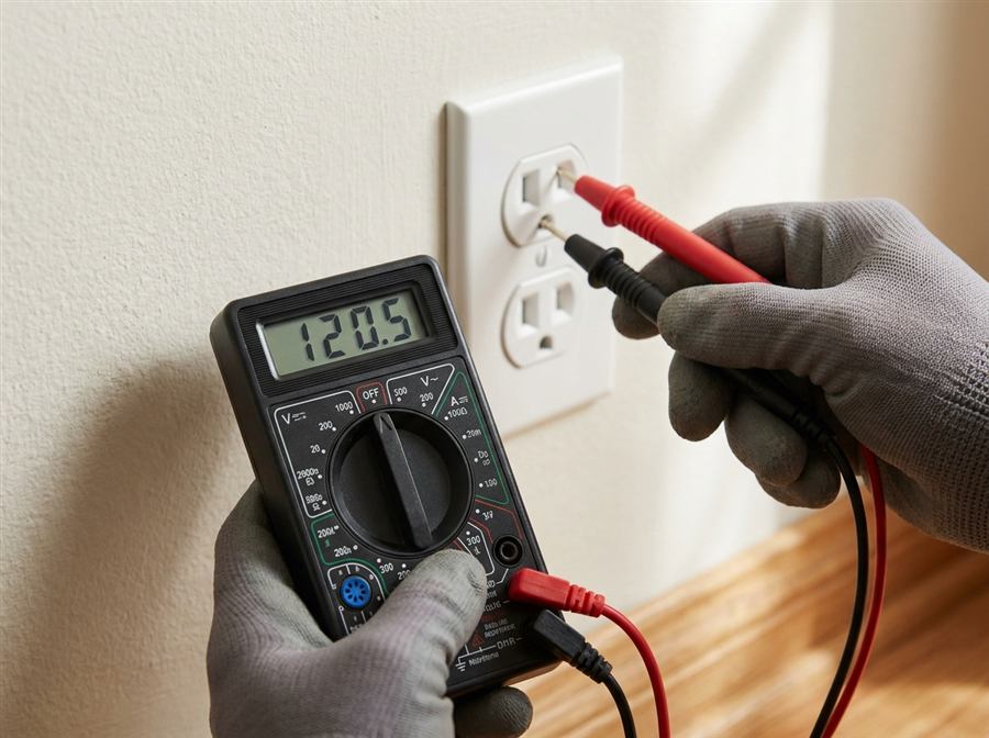 Electrician testing a wall outlet with a multimeter