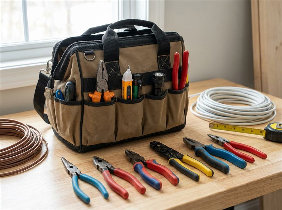 Electrician's tool bag laid out on a workbench